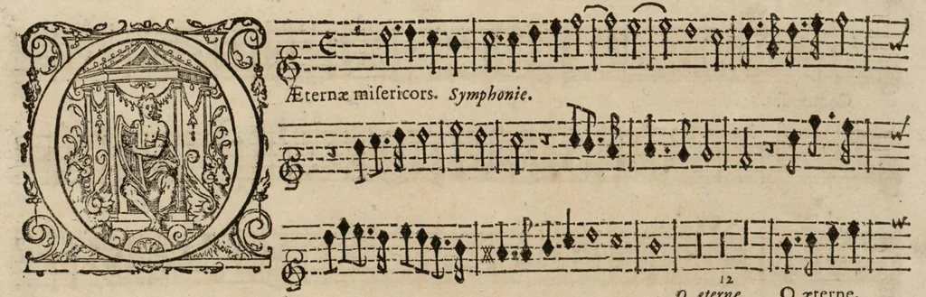 An illustration from Motets pour la chapelle du Roy, mis en musique, par Monsieur Du Mont abbé de Silly, & maistre de la musique, de ladite chapelle. Second dessus de violon., 1686, leaf 62