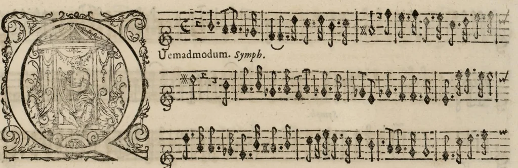 An illustration from Motets pour la chapelle du Roy, mis en musique, par Monsieur Du Mont abbé de Silly, & maistre de la musique, de ladite chapelle. Second dessus de violon., 1686, leaf 74