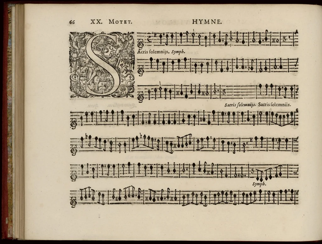 An illustration from Motets pour la chapelle du Roy, mis en musique, par Monsieur Du Mont abbé de Silly, & maistre de la musique, de ladite chapelle. Second dessus de violon., 1686, leaf 77