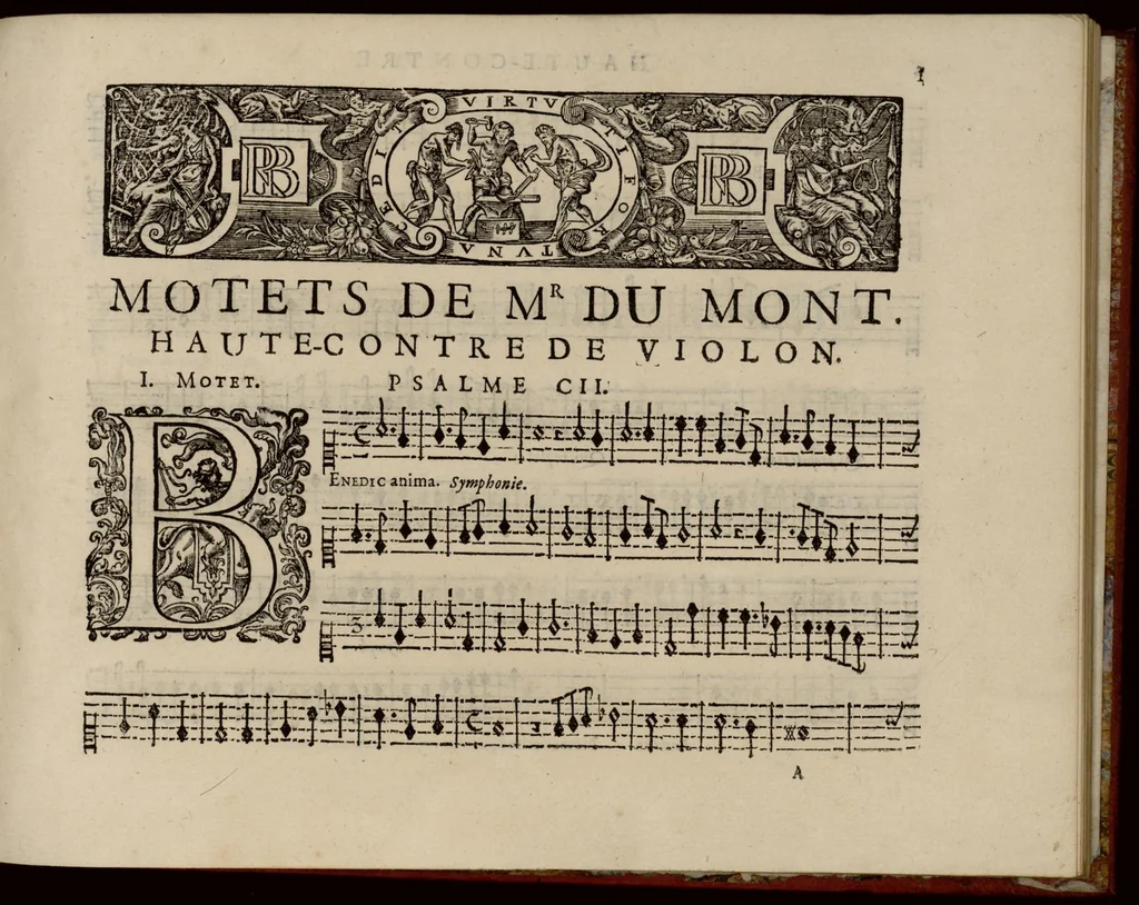 An illustration from Motets pour la chapelle du Roy, mis en musique, par Monsieur Du Mont abbé de Silly, & maistre de la musique, de ladite chapelle. Haute-contre de violon., 1686, leaf 12