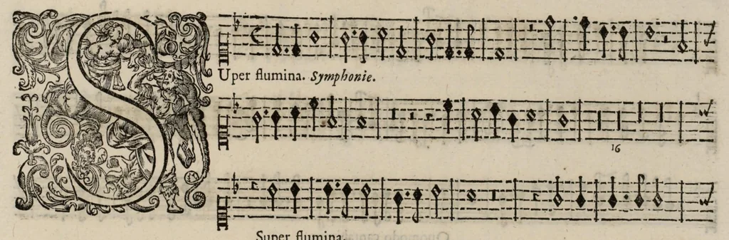 An illustration from Motets pour la chapelle du Roy, mis en musique, par Monsieur Du Mont abbé de Silly, & maistre de la musique, de ladite chapelle. Haute-contre de violon., 1686, leaf 32