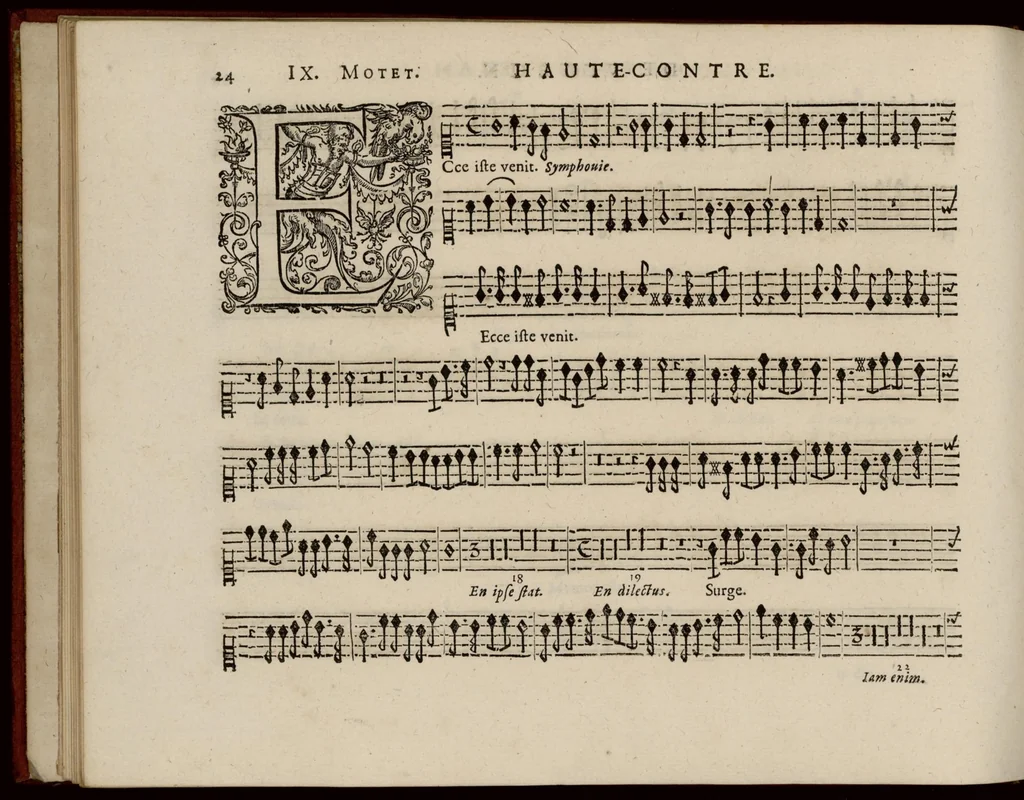 An illustration from Motets pour la chapelle du Roy, mis en musique, par Monsieur Du Mont abbé de Silly, & maistre de la musique, de ladite chapelle. Haute-contre de violon., 1686, leaf 35