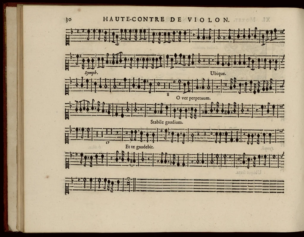 An illustration from Motets pour la chapelle du Roy, mis en musique, par Monsieur Du Mont abbé de Silly, & maistre de la musique, de ladite chapelle. Haute-contre de violon., 1686, leaf 41