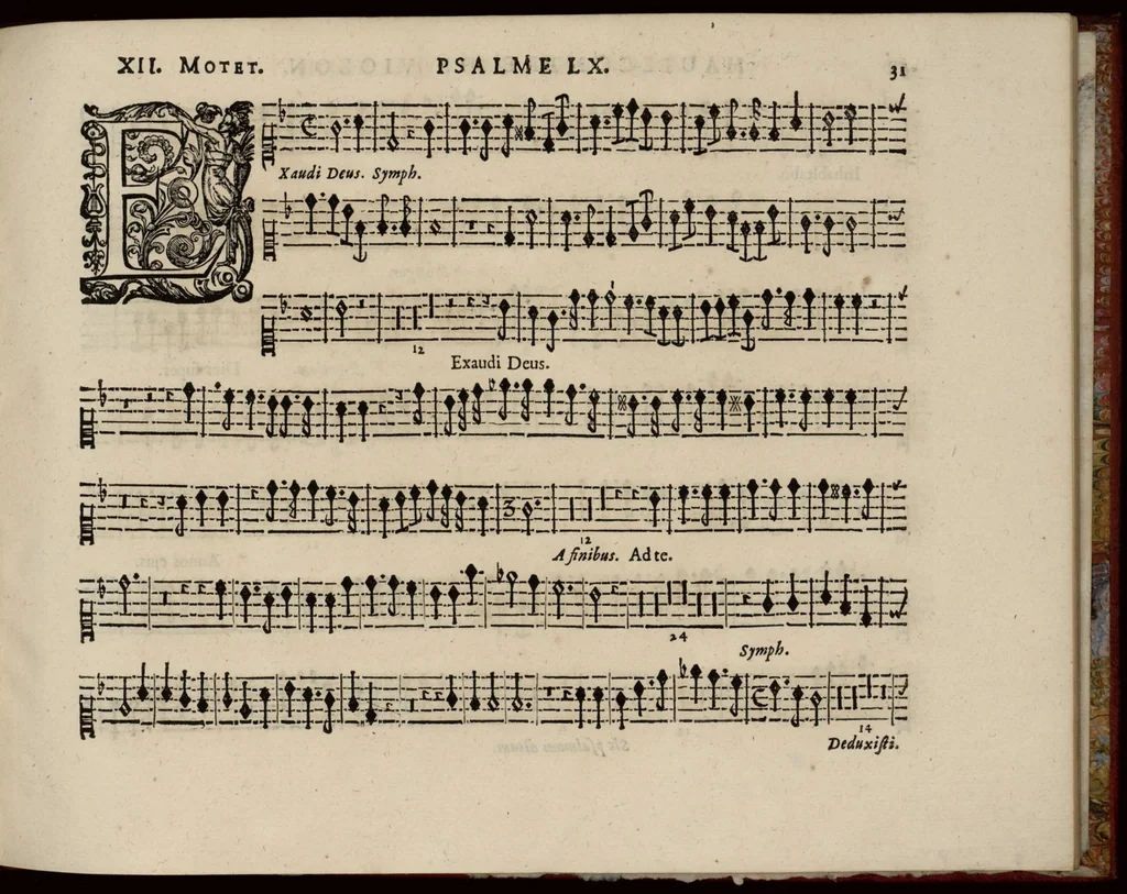 An illustration from Motets pour la chapelle du Roy, mis en musique, par Monsieur Du Mont abbé de Silly, & maistre de la musique, de ladite chapelle. Haute-contre de violon., 1686, leaf 42