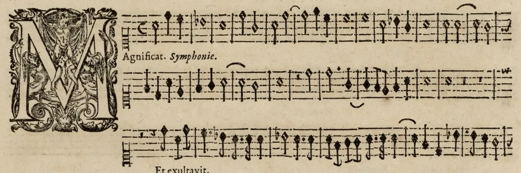 An illustration from Motets pour la chapelle du Roy, mis en musique, par Monsieur Du Mont abbé de Silly, & maistre de la musique, de ladite chapelle. Haute-contre de violon., 1686, leaf 45