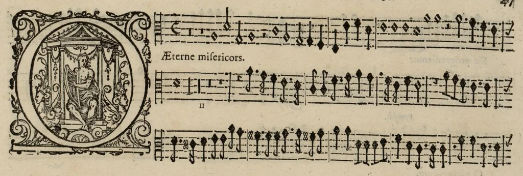 An illustration from Motets pour la chapelle du Roy, mis en musique, par Monsieur Du Mont abbé de Silly, & maistre de la musique, de ladite chapelle. Taille de violon., 1686, leaf 58