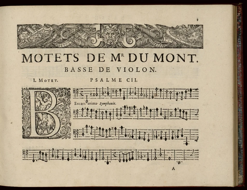 An illustration from Motets pour la chapelle du Roy, mis en musique, par Monsieur Du Mont abbé de Silly, & maistre de la musique, de ladite chapelle. Basse de violon., 1686, leaf 12