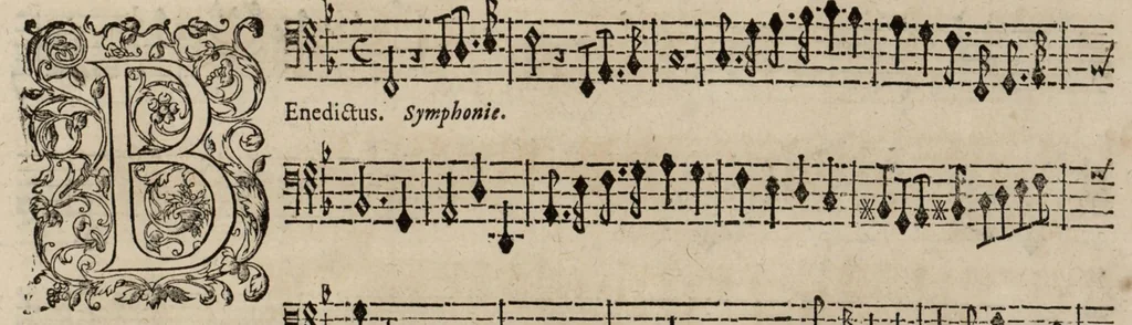 An illustration from Motets pour la chapelle du Roy, mis en musique, par Monsieur Du Mont abbé de Silly, & maistre de la musique, de ladite chapelle. Basse de violon., 1686, leaf 16