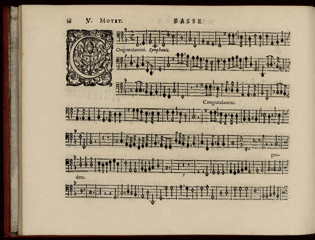 An illustration from Motets pour la chapelle du Roy, mis en musique, par Monsieur Du Mont abbé de Silly, & maistre de la musique, de ladite chapelle. Basse de violon., 1686, leaf 27
