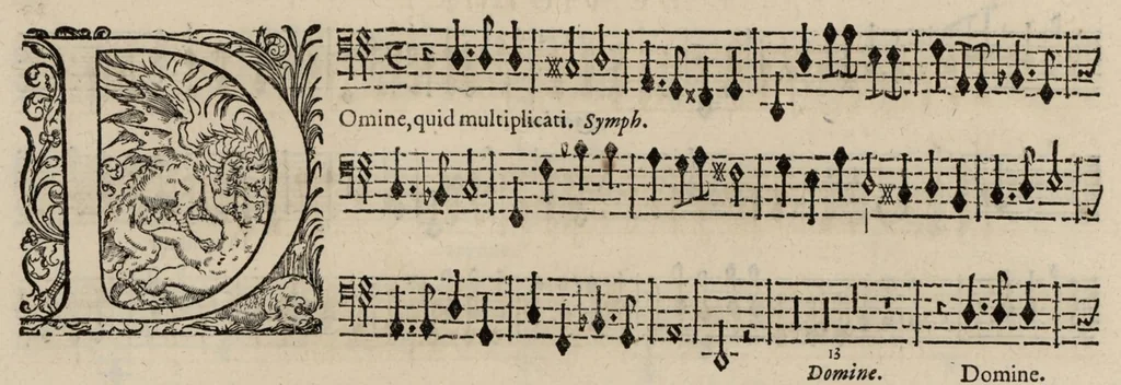 An illustration from Motets pour la chapelle du Roy, mis en musique, par Monsieur Du Mont abbé de Silly, & maistre de la musique, de ladite chapelle. Basse de violon., 1686, leaf 33