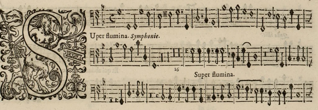 An illustration from Motets pour la chapelle du Roy, mis en musique, par Monsieur Du Mont abbé de Silly, & maistre de la musique, de ladite chapelle. Basse de violon., 1686, leaf 36