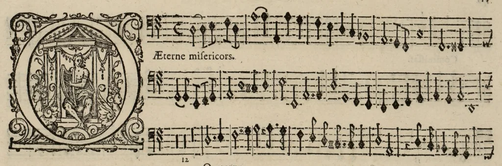 An illustration from Motets pour la chapelle du Roy, mis en musique, par Monsieur Du Mont abbé de Silly, & maistre de la musique, de ladite chapelle. Basse de violon., 1686, leaf 58