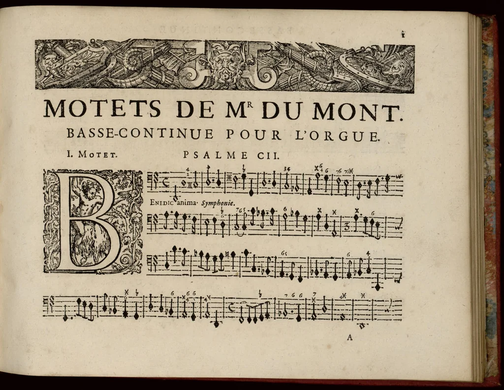 An illustration from Motets pour la chapelle du Roy, mis en musique, par Monsieur Du Mont abbé de Silly, & maistre de la musique, de ladite chapelle. Basse-continue pour l'orgue., 1686, leaf 12