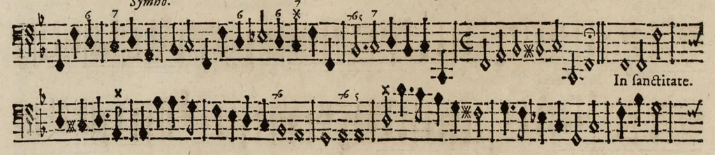 An illustration from Motets pour la chapelle du Roy, mis en musique, par Monsieur Du Mont abbé de Silly, & maistre de la musique, de ladite chapelle. Basse-continue pour l'orgue., 1686, leaf 19