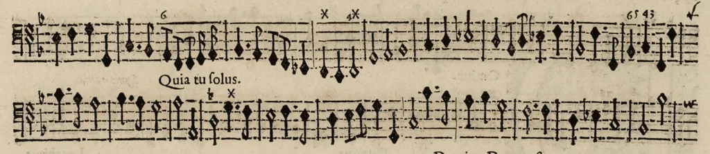 An illustration from Motets pour la chapelle du Roy, mis en musique, par Monsieur Du Mont abbé de Silly, & maistre de la musique, de ladite chapelle. Basse-continue pour l'orgue., 1686, leaf 32