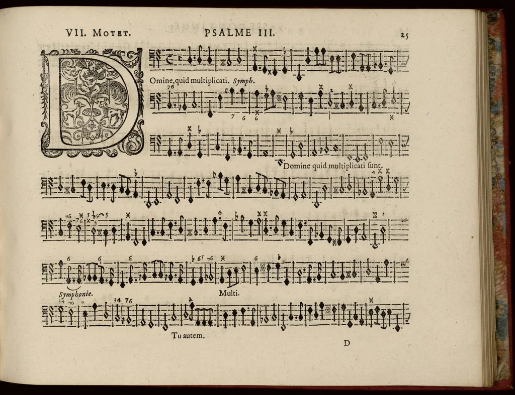 An illustration from Motets pour la chapelle du Roy, mis en musique, par Monsieur Du Mont abbé de Silly, & maistre de la musique, de ladite chapelle. Basse-continue pour l'orgue., 1686, leaf 36