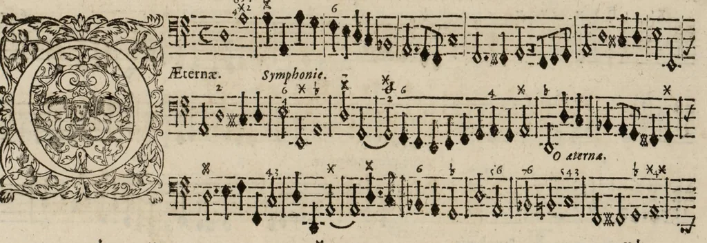An illustration from Motets pour la chapelle du Roy, mis en musique, par Monsieur Du Mont abbé de Silly, & maistre de la musique, de ladite chapelle. Basse-continue pour l'orgue., 1686, leaf 66