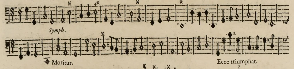 An illustration from Motets pour la chapelle du Roy, mis en musique, par Monsieur Du Mont abbé de Silly, & maistre de la musique, de ladite chapelle. Basse-continue pour l'orgue., 1686, leaf 77
