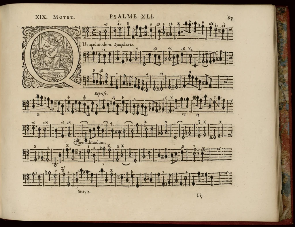 An illustration from Motets pour la chapelle du Roy, mis en musique, par Monsieur Du Mont abbé de Silly, & maistre de la musique, de ladite chapelle. Basse-continue pour l'orgue., 1686, leaf 78