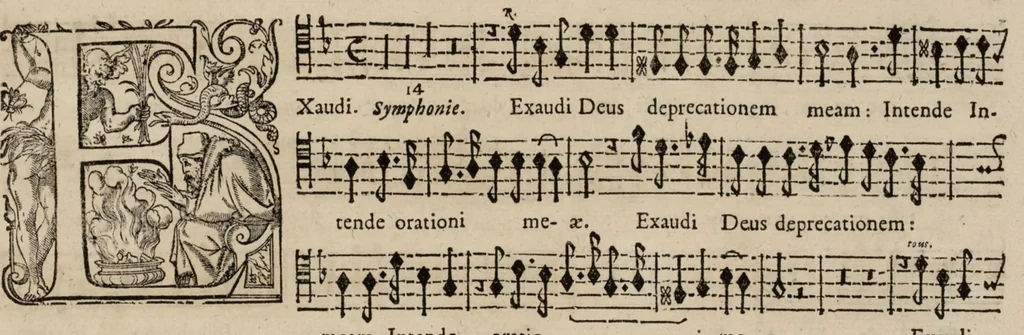 An illustration from Motets pour la chapelle du Roy, mis en musique, par Monsieur Du Mont abbé de Silly, & maistre de la musique, de ladite chapelle. Basse-taille du petit choeur., 1686, leaf 52