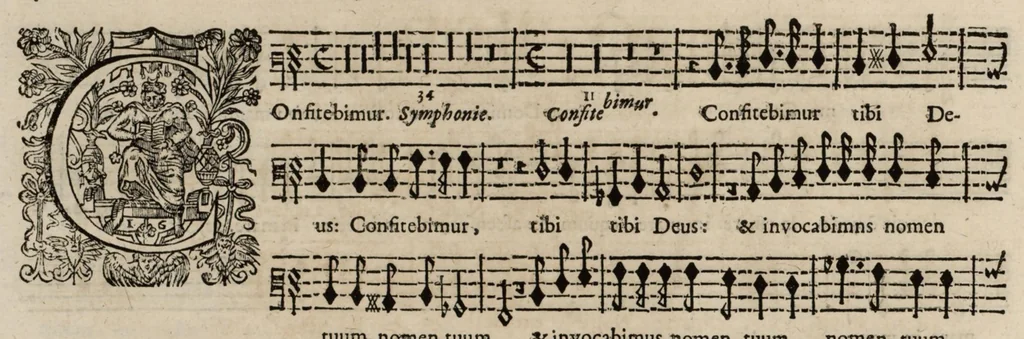 An illustration from Motets pour la chapelle du Roy, mis en musique, par Monsieur Du Mont abbé de Silly, & maistre de la musique, de ladite chapelle. Basse du petit choeur., 1686, leaf 25