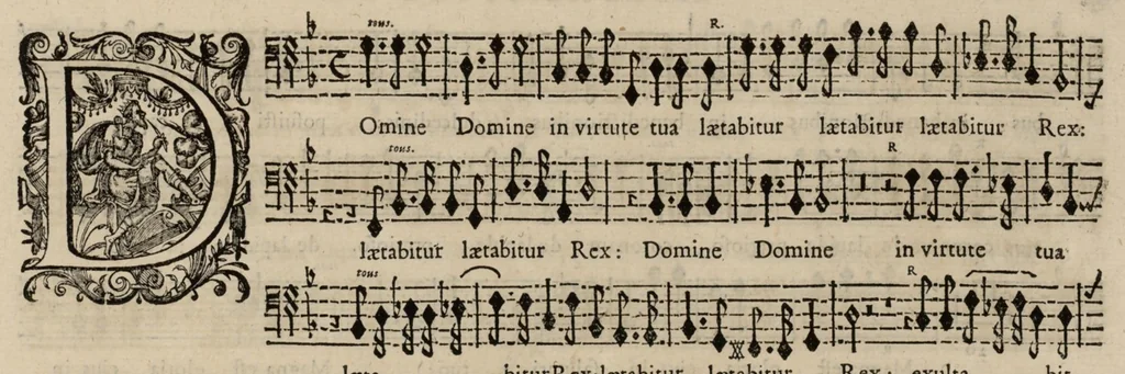 An illustration from Motets pour la chapelle du Roy, mis en musique, par Monsieur Du Mont abbé de Silly, & maistre de la musique, de ladite chapelle. Basse du petit choeur., 1686, leaf 32