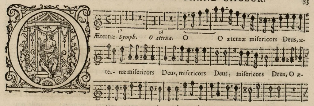 An illustration from Motets pour la chapelle du Roy, mis en musique, par Monsieur Du Mont abbé de Silly, & maistre de la musique, de ladite chapelle. Dessus du grand choeur., 1686, leaf 42