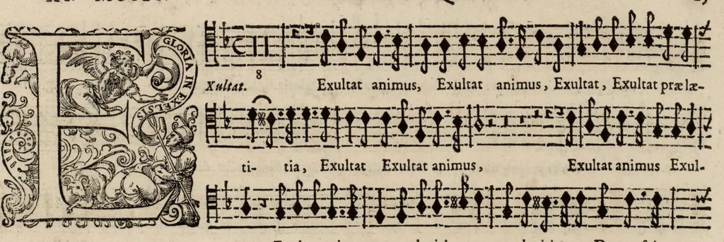 An illustration from Motets pour la chapelle du Roy, mis en musique, par Monsieur Du Mont abbé de Silly, & maistre de la musique, de ladite chapelle. Haute taille du grand choeur., 1686, leaf 36