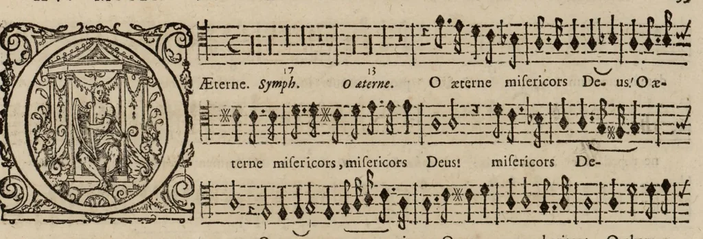 An illustration from Motets pour la chapelle du Roy, mis en musique, par Monsieur Du Mont abbé de Silly, & maistre de la musique, de ladite chapelle. Haute taille du grand choeur., 1686, leaf 44