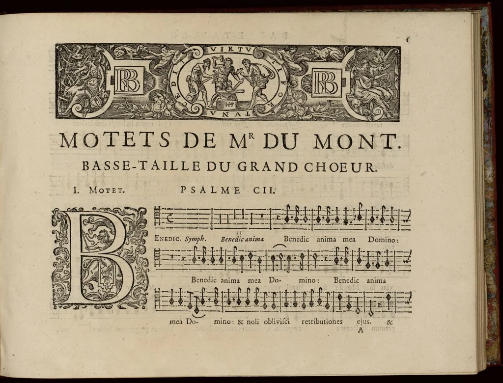 An illustration from Motets pour la chapelle du Roy, mis en musique, par Monsieur Du Mont abbé de Silly, & maistre de la musique, de ladite chapelle. Basse-taille du grand choeur., 1686, leaf 12