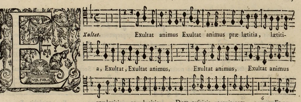 An illustration from Motets pour la chapelle du Roy, mis en musique, par Monsieur Du Mont abbé de Silly, & maistre de la musique, de ladite chapelle. Basse-taille du grand choeur., 1686, leaf 36