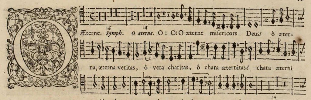 An illustration from Motets pour la chapelle du Roy, mis en musique, par Monsieur Du Mont abbé de Silly, & maistre de la musique, de ladite chapelle. Basse-taille du grand choeur., 1686, leaf 44