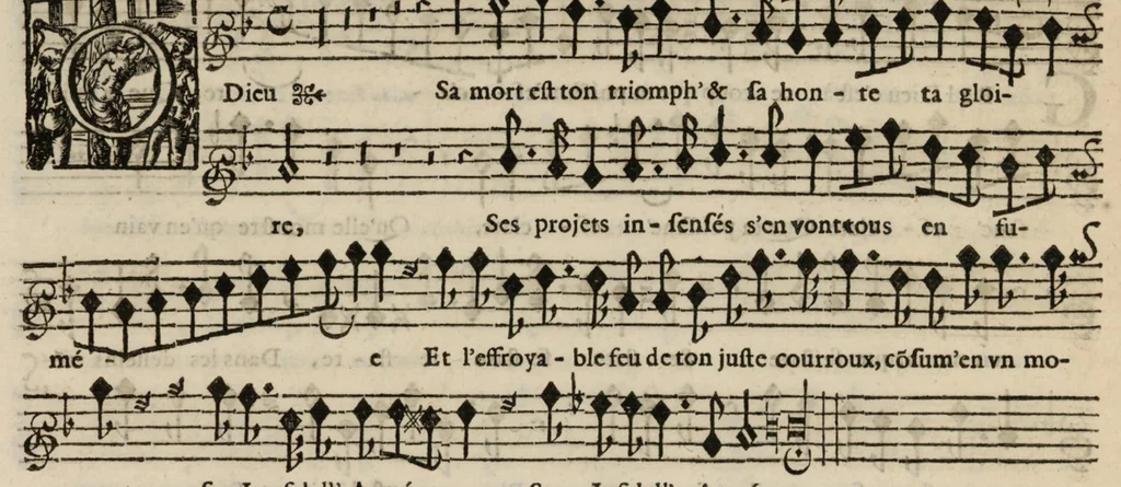 An illustration from Meslanges de sujets chrestiens, cantiques, litanies et motets. Mis en musique, à 2, 3, 4, & 5 parties, avec une Basse-continuë. Dediez à Madame la Duchesse d'Orleans. Par Estienne Moulinié de Languedoc, chef ordinaire de la musique de Son Altesse Royale Monseigneur le Duc d'Orleans. Dessus., 1658, leaf 27