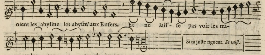 An illustration from Meslanges de sujets chrestiens, cantiques, litanies et motets. Mis en musique, à 2, 3, 4, & 5 parties, avec une Basse-continuë. Dediez à Madame la Duchesse d'Orleans. Par Estienne Moulinié de Languedoc, chef ordinaire de la musique de Son Altesse Royale Monseigneur le Duc d'Orleans. Dessus., 1658, leaf 32