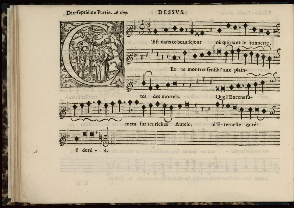 An illustration from Meslanges de sujets chrestiens, cantiques, litanies et motets. Mis en musique, à 2, 3, 4, & 5 parties, avec une Basse-continuë. Dediez à Madame la Duchesse d'Orleans. Par Estienne Moulinié de Languedoc, chef ordinaire de la musique de Son Altesse Royale Monseigneur le Duc d'Orleans. Dessus., 1658, leaf 35