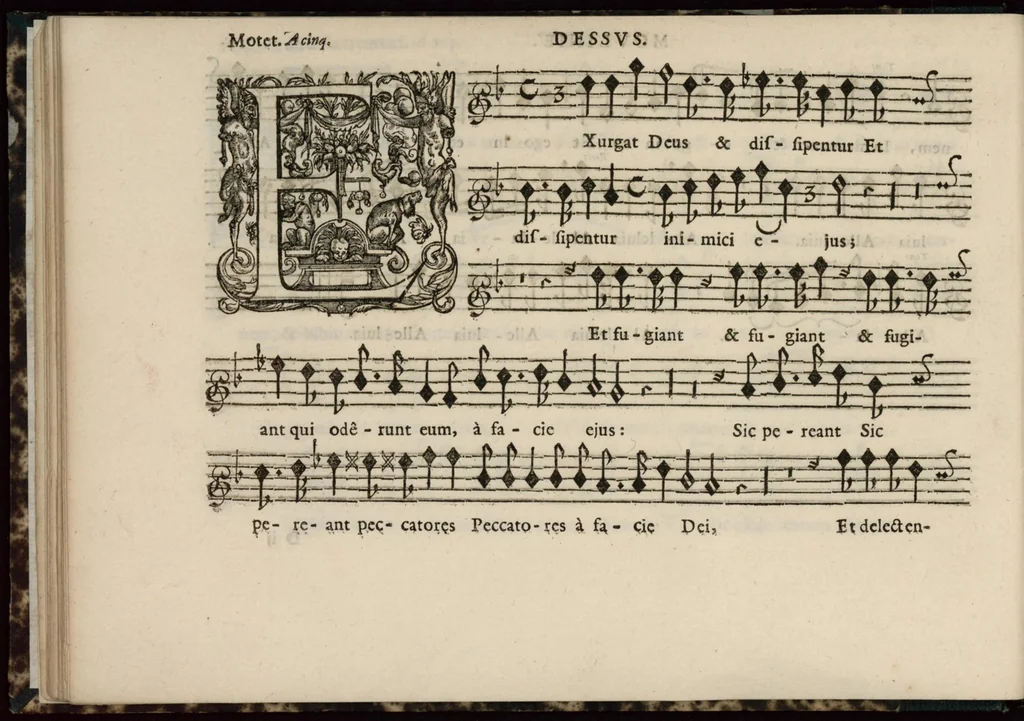 An illustration from Meslanges de sujets chrestiens, cantiques, litanies et motets. Mis en musique, à 2, 3, 4, & 5 parties, avec une Basse-continuë. Dediez à Madame la Duchesse d'Orleans. Par Estienne Moulinié de Languedoc, chef ordinaire de la musique de Son Altesse Royale Monseigneur le Duc d'Orleans. Dessus., 1658, leaf 41