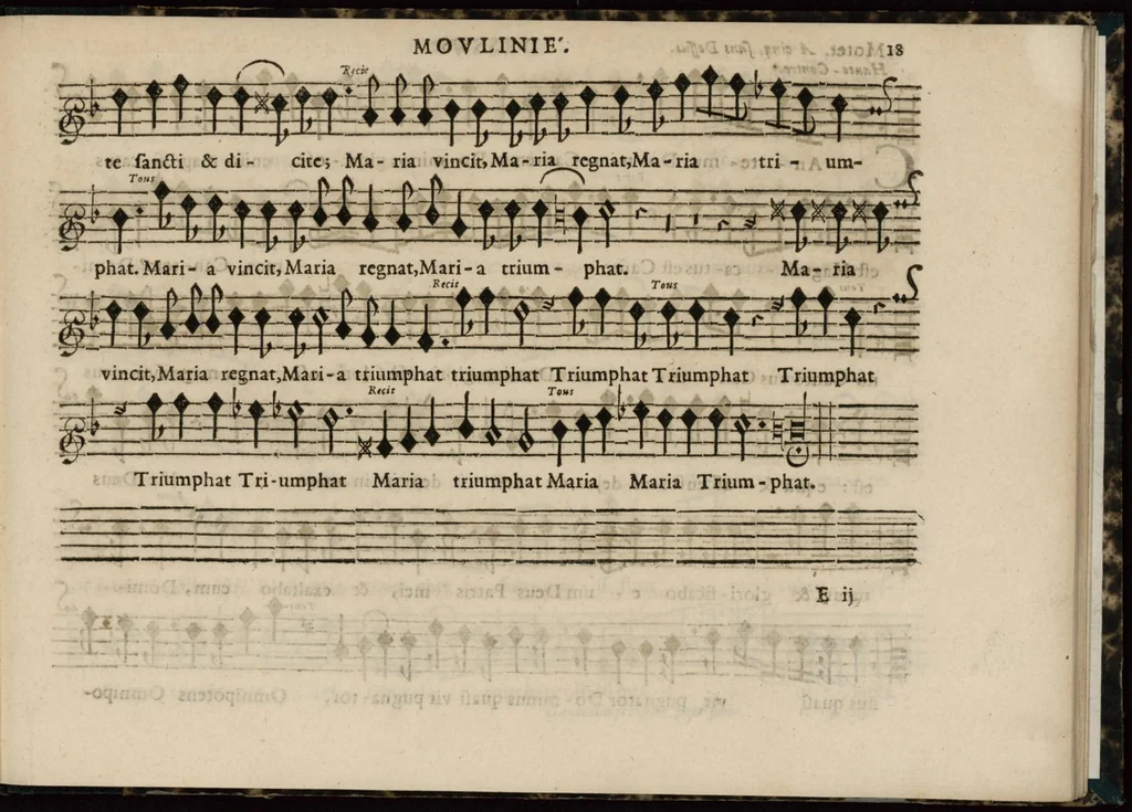 An illustration from Meslanges de sujets chrestiens, cantiques, litanies et motets. Mis en musique, à 2, 3, 4, & 5 parties, avec une Basse-continuë. Dediez à Madame la Duchesse d'Orleans. Par Estienne Moulinié de Languedoc, chef ordinaire de la musique de Son Altesse Royale Monseigneur le Duc d'Orleans. Dessus., 1658, leaf 48