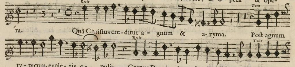 An illustration from Meslanges de sujets chrestiens, cantiques, litanies et motets. Mis en musique, à 2, 3, 4, & 5 parties, avec une Basse-continuë. Dediez à Madame la Duchesse d'Orleans. Par Estienne Moulinié de Languedoc, chef ordinaire de la musique de Son Altesse Royale Monseigneur le Duc d'Orleans. Dessus., 1658, leaf 55
