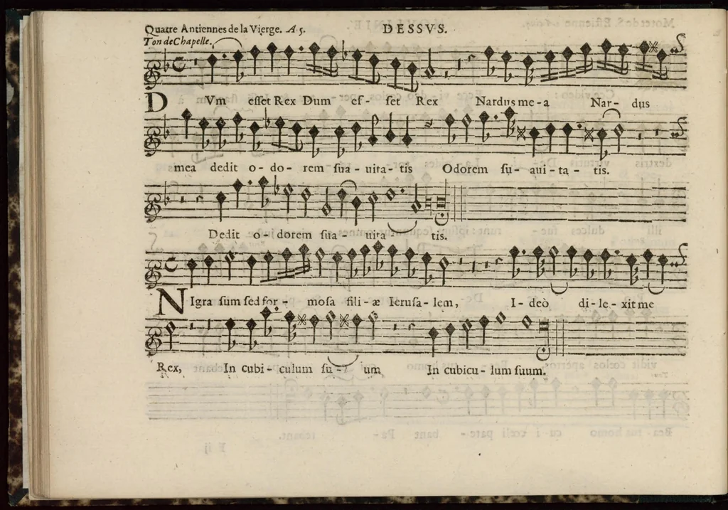 An illustration from Meslanges de sujets chrestiens, cantiques, litanies et motets. Mis en musique, à 2, 3, 4, & 5 parties, avec une Basse-continuë. Dediez à Madame la Duchesse d'Orleans. Par Estienne Moulinié de Languedoc, chef ordinaire de la musique de Son Altesse Royale Monseigneur le Duc d'Orleans. Dessus., 1658, leaf 57