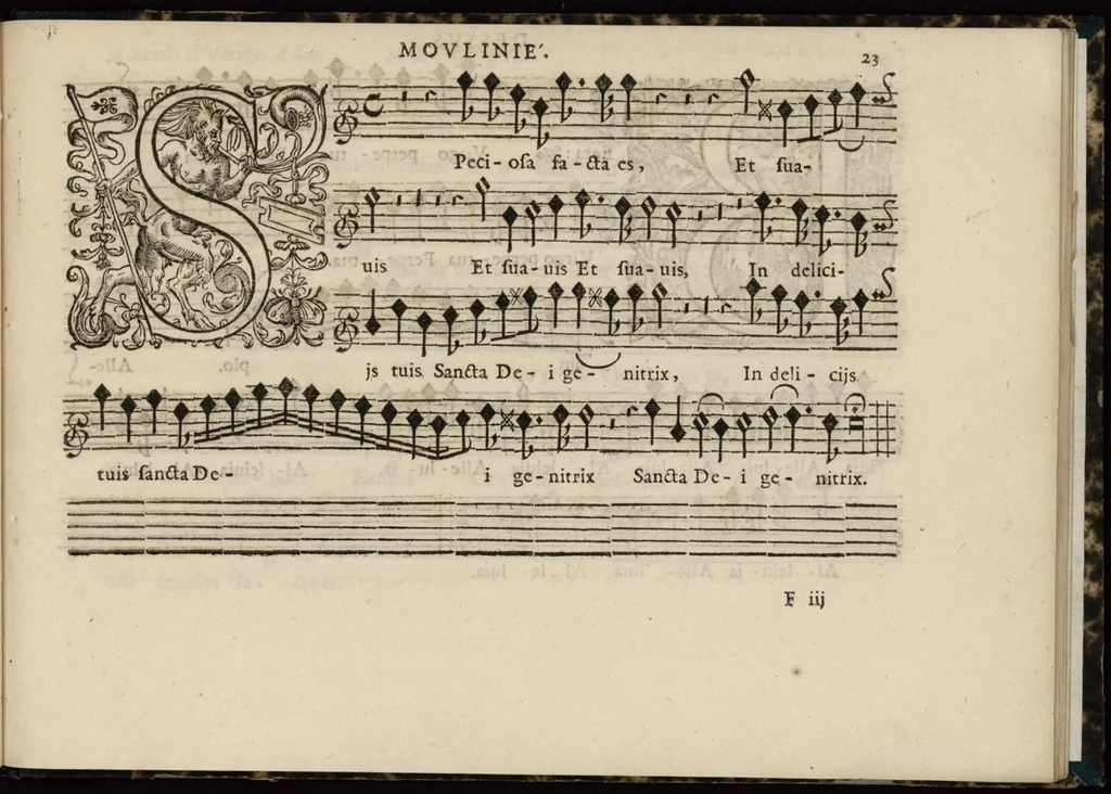 An illustration from Meslanges de sujets chrestiens, cantiques, litanies et motets. Mis en musique, à 2, 3, 4, & 5 parties, avec une Basse-continuë. Dediez à Madame la Duchesse d'Orleans. Par Estienne Moulinié de Languedoc, chef ordinaire de la musique de Son Altesse Royale Monseigneur le Duc d'Orleans. Dessus., 1658, leaf 58