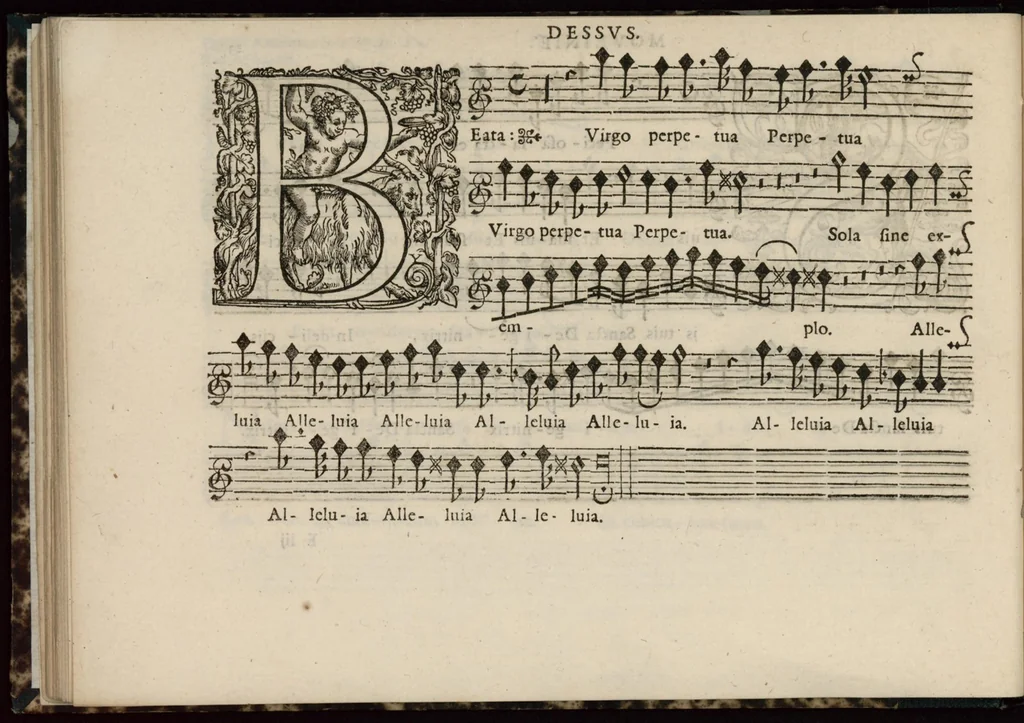 An illustration from Meslanges de sujets chrestiens, cantiques, litanies et motets. Mis en musique, à 2, 3, 4, & 5 parties, avec une Basse-continuë. Dediez à Madame la Duchesse d'Orleans. Par Estienne Moulinié de Languedoc, chef ordinaire de la musique de Son Altesse Royale Monseigneur le Duc d'Orleans. Dessus., 1658, leaf 59
