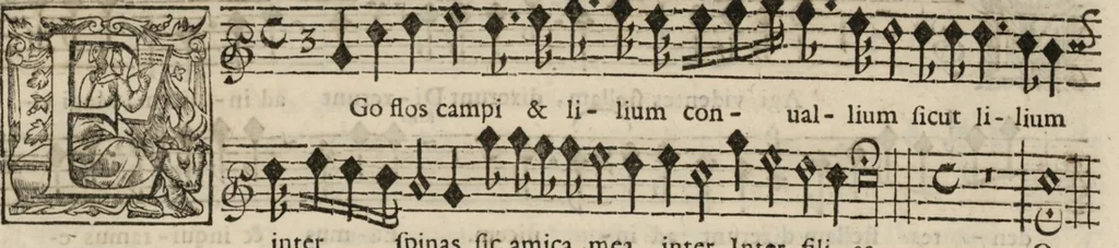 An illustration from Meslanges de sujets chrestiens, cantiques, litanies et motets. Mis en musique, à 2, 3, 4, & 5 parties, avec une Basse-continuë. Dediez à Madame la Duchesse d'Orleans. Par Estienne Moulinié de Languedoc, chef ordinaire de la musique de Son Altesse Royale Monseigneur le Duc d'Orleans. Dessus., 1658, leaf 60