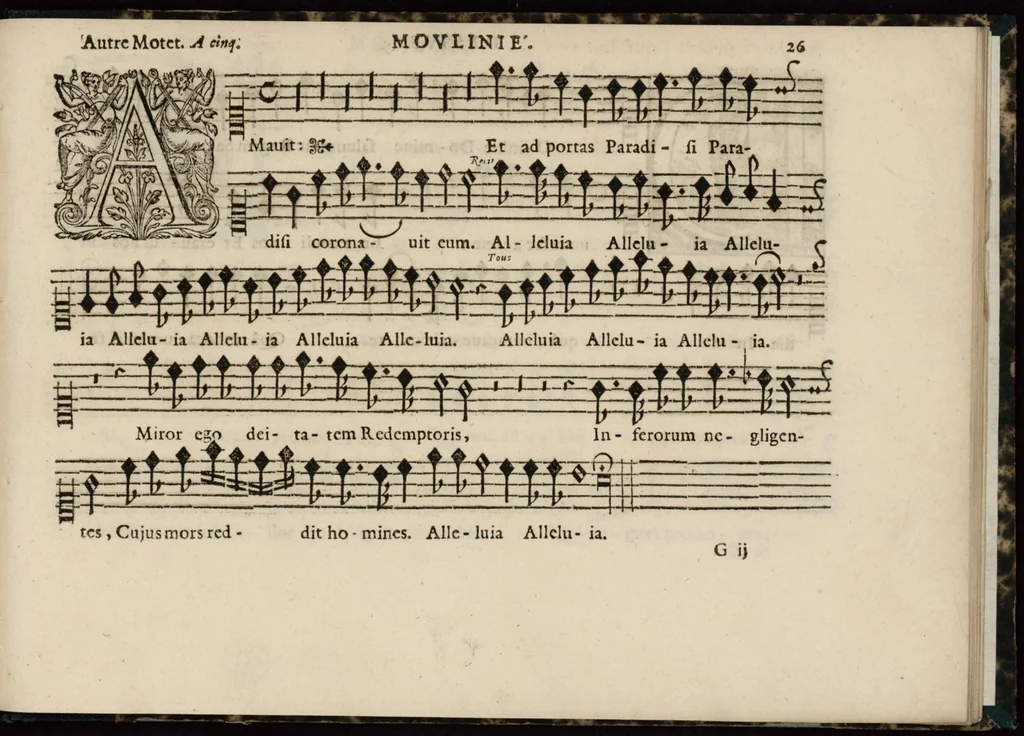 An illustration from Meslanges de sujets chrestiens, cantiques, litanies et motets. Mis en musique, à 2, 3, 4, & 5 parties, avec une Basse-continuë. Dediez à Madame la Duchesse d'Orleans. Par Estienne Moulinié de Languedoc, chef ordinaire de la musique de Son Altesse Royale Monseigneur le Duc d'Orleans. Dessus., 1658, leaf 64