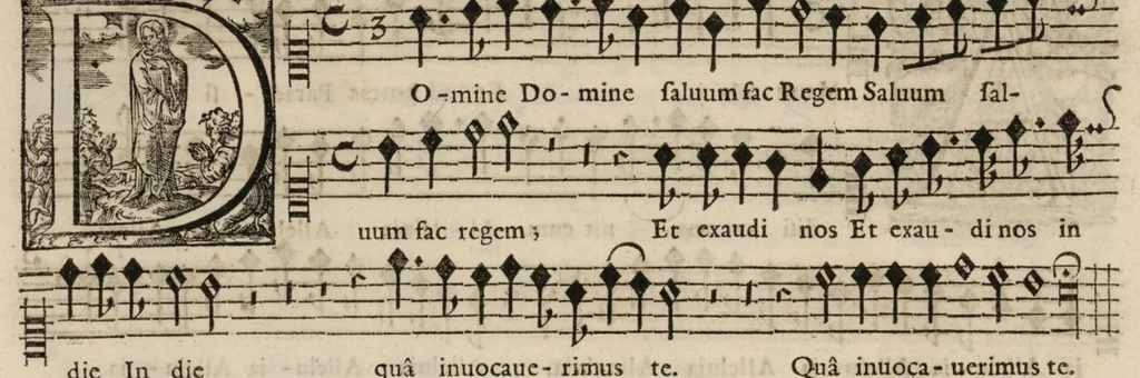 An illustration from Meslanges de sujets chrestiens, cantiques, litanies et motets. Mis en musique, à 2, 3, 4, & 5 parties, avec une Basse-continuë. Dediez à Madame la Duchesse d'Orleans. Par Estienne Moulinié de Languedoc, chef ordinaire de la musique de Son Altesse Royale Monseigneur le Duc d'Orleans. Dessus., 1658, leaf 65