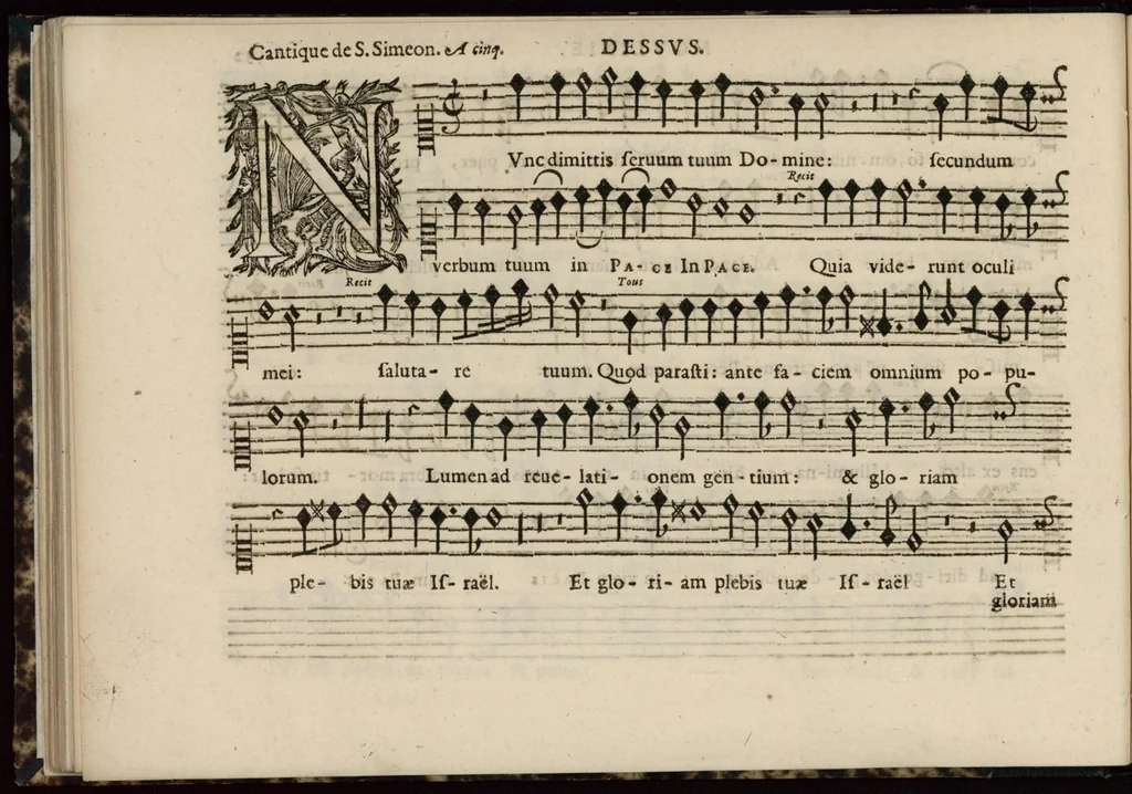 An illustration from Meslanges de sujets chrestiens, cantiques, litanies et motets. Mis en musique, à 2, 3, 4, & 5 parties, avec une Basse-continuë. Dediez à Madame la Duchesse d'Orleans. Par Estienne Moulinié de Languedoc, chef ordinaire de la musique de Son Altesse Royale Monseigneur le Duc d'Orleans. Dessus., 1658, leaf 77