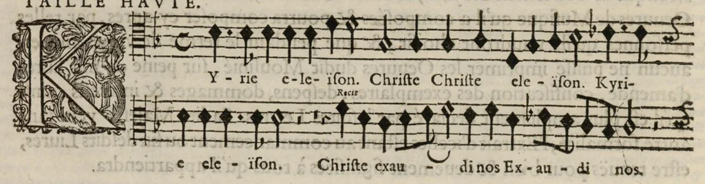 An illustration from Meslanges de sujets chrestiens, cantiques, litanies et motets. Mis en musique, à 2, 3, 4, & 5 parties, avec une Basse-continuë. Dediez à Madame la Duchesse d'Orleans. Par Estienne Moulinié de Languedoc, chef ordinaire de la musique de Son Altesse Royale Monseigneur le Duc d'Orleans.Taille haute., 1658, leaf 15