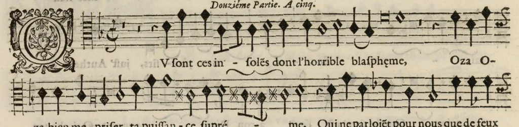 An illustration from Meslanges de sujets chrestiens, cantiques, litanies et motets. Mis en musique, à 2, 3, 4, & 5 parties, avec une Basse-continuë. Dediez à Madame la Duchesse d'Orleans. Par Estienne Moulinié de Languedoc, chef ordinaire de la musique de Son Altesse Royale Monseigneur le Duc d'Orleans.Taille haute., 1658, leaf 31