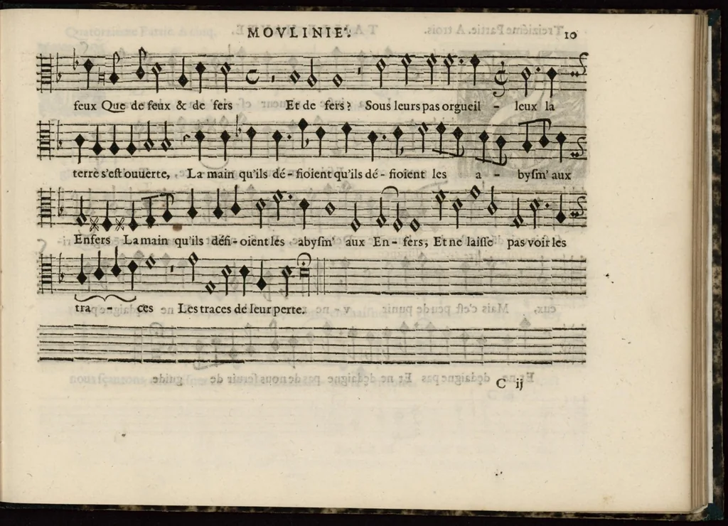 An illustration from Meslanges de sujets chrestiens, cantiques, litanies et motets. Mis en musique, à 2, 3, 4, & 5 parties, avec une Basse-continuë. Dediez à Madame la Duchesse d'Orleans. Par Estienne Moulinié de Languedoc, chef ordinaire de la musique de Son Altesse Royale Monseigneur le Duc d'Orleans.Taille haute., 1658, leaf 32