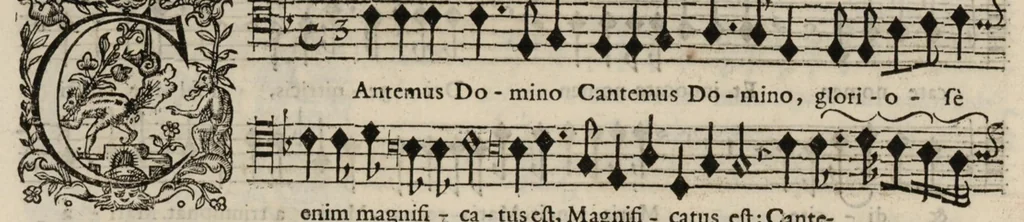 An illustration from Meslanges de sujets chrestiens, cantiques, litanies et motets. Mis en musique, à 2, 3, 4, & 5 parties, avec une Basse-continuë. Dediez à Madame la Duchesse d'Orleans. Par Estienne Moulinié de Languedoc, chef ordinaire de la musique de Son Altesse Royale Monseigneur le Duc d'Orleans.Taille haute., 1658, leaf 49