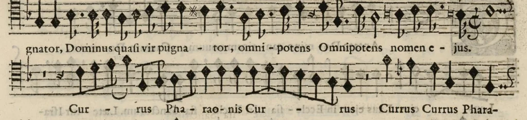 An illustration from Meslanges de sujets chrestiens, cantiques, litanies et motets. Mis en musique, à 2, 3, 4, & 5 parties, avec une Basse-continuë. Dediez à Madame la Duchesse d'Orleans. Par Estienne Moulinié de Languedoc, chef ordinaire de la musique de Son Altesse Royale Monseigneur le Duc d'Orleans.Taille haute., 1658, leaf 50